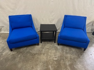 lot 44 image: Pair of Blue Lounge Chairs with Black Side Table