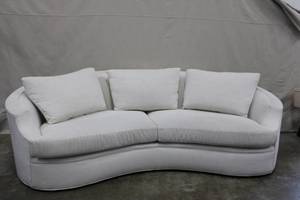 lot 45 image: Century Curved White Upholstered Sofa with Three Cushions