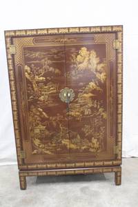 lot 46 image: Vintage Asian-Style Wood Cabinet with Gilt Scenic Design