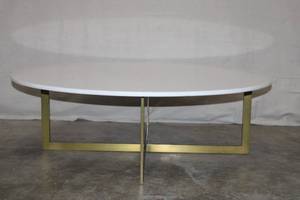 lot 47 image: Modern Round Coffee Table with White Stone Top and Gold Metal Base