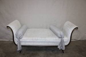 lot 49 image: Antique Upholstered Bench with Scroll Arms and Decorative Bolsters