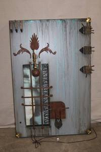 lot 51 image: Industrial Mixed Media Wall Art Panel with Mechanical Elements and Lighting