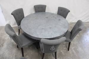 lot 55 image: Round Metal Dining Table with 6 Upholstered Gray Chairs