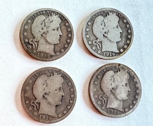 lot 12B image: Lot of 4 Barber Quarters 1915-D and 1916-D