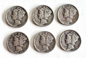 lot 17B image: Set of 6 Mercury Dimes 1939-1944 US Silver Coins