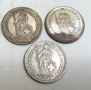 lot 20D image: Set of 3 Swiss Helvetia 2 Franc Silver Coins 1946, 1960, 1961