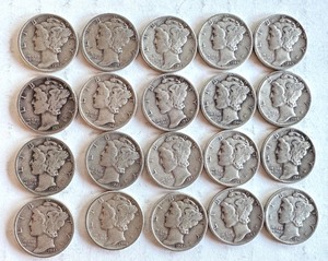 lot 21R image: Set of 20 Mercury Silver Dimes 1936-1945 Assorted Dates