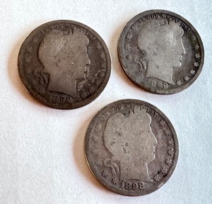lot 24B image: Lot of 3 Barber Quarters 1898, 1899, 1900 United States Silver Coins