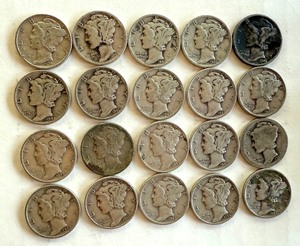 lot 24R image: Set of 20 Circulated Mercury Dimes Assorted Dates