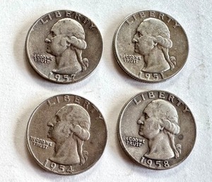 lot 32B image: Set of 4 Washington Silver Quarters 1951 1954 1957 1958
