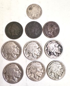 lot 45D image: Lot of 10 Vintage US Coins - Barber Dime, Indian Head Cents, Buffalo Nickels