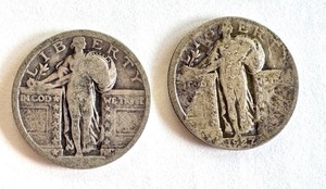 lot 47B image: Pair of Standing Liberty Silver Quarters 1927 Circulated US Coins