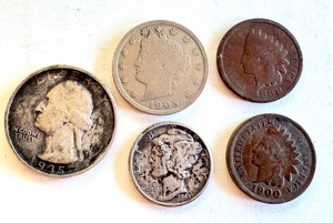 lot 48C image: Set of 5 Circulated US Coins 1935 Quarter, 1943 Mercury Dime, 1905 Liberty Nickel, 1900 & 1888 Indian Head Cents