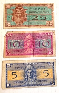 lot 48D image: Lot of 3 US Military Payment Certificates (5c, 10c, 25c Series 521)