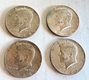 lot 59B image: Set of 4 Circulated Kennedy Half Dollar Coins 1965-1967