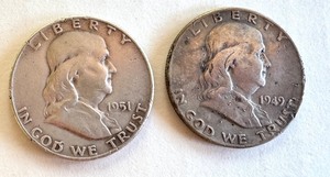 lot 61B image: 2 Circulated Franklin Half Dollars 1949 and 1951