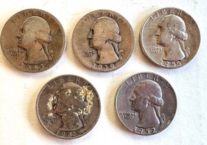 lot 67B image: Set of 5 Washington Silver Quarters 1935 1939 1943 1952 1955