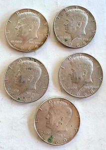 lot 75B image: Set of 5 Kennedy Half Dollars 1965-1969 Silver Clad Coins