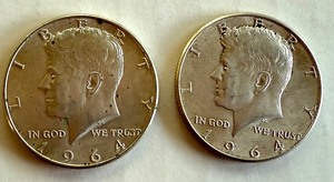 lot 77B image: Pair of 1964 Kennedy Half Dollar Silver Coins