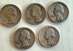 lot 80B image: Set of 5 Washington Silver Quarters 1948, 1953, 1958, 1963, 1964