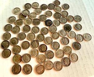 lot 95B image: Lot of 67 Circulated Pre-1964 Roosevelt Silver Dimes