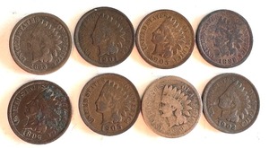 lot 97B image: Set of 8 Indian Head Pennies 1863-1905 Circulated US Coins