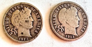 lot 103B image: 1913 and 1914 Barber Dime Set United States Silver Coins