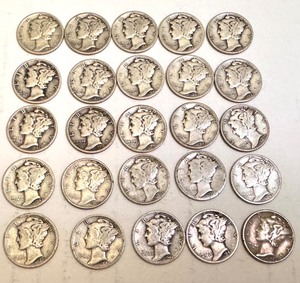 lot 107B image: Lot of 25 Circulated Mercury Dimes Assorted Dates