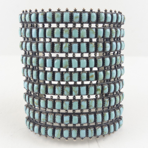 lot 1 image: Vintage Navajo Sterling Silver 9 Row Turquoise Cuff Bracelet by Larry Moses Begay