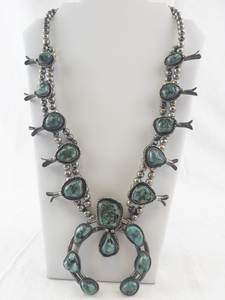 lot 1D image: Vintage Navajo Sterling Silver and Turquoise Squash Blossom Necklace