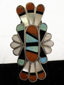 lot 1F image: Roger and Lela Cellicion Sterling Zuni Inlay Ring with Turquoise, Coral, and Mother of Pearl Size 6.25