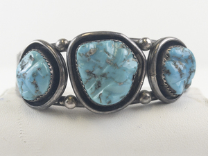 lot 1G image: Vintage Sterling Silver Cuff Bracelet with Three Turquoise Stones Signed.