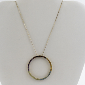 lot 6 image: 10k Yellow Gold Circle Pendant with Multicolor Gemstones on 16 Inch Chain