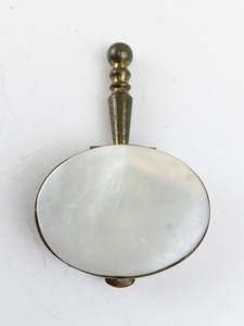 lot 14 image: Antique Brass and Mother of Pearl Pill Box with Handle