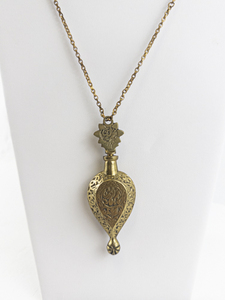 lot 19 image: Ornate Brass Perfume Flask Pendant Necklace with Chain