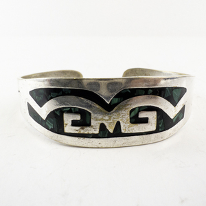 lot 20E image: Sterling Silver 925 Cuff Bracelet with Malachite and Onyx Inlay