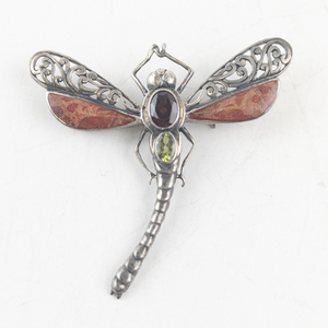 lot 20G image: Sterling Silver Dragonfly Brooch with Garnet and Peridot Stones