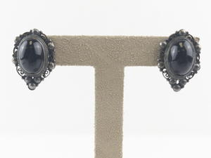 lot 20S image: Sterling Silver Black Stone Clip-On Earrings