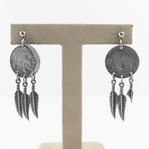 lot 20W image: Buffalo Nickel Coin Dangle Earrings with Feather Charms