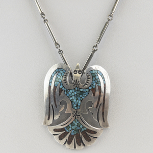 lot 21D image: Silver & Base Metal Necklace with Turquoise Inlay Thunderbird Pendant