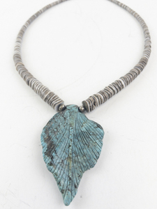 lot 44 image: Hand Carved Turquoise Leaf Necklace with Shell Beads