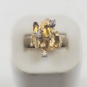 lot 85 image: Gold Tone Cocktail Ring with Textured Design and Cubic Zirconia Accents, Size 4-4.25