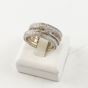 lot 99 image: Group of 3 Gold Tone Size 9 Rings with Engraved Love Message and Clear Stones