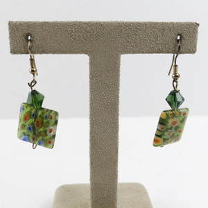 lot 115 image: Murano Glass Mosaic Square Earrings with Green Beads