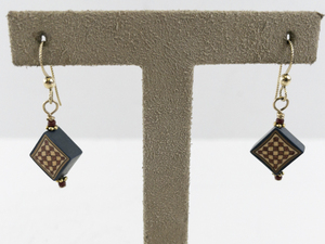 lot 122 image: Pair of Checkered Wood Inlay Dangle Earrings with Gold Hooks
