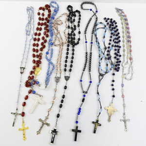 lot 214 image: Collection of 9 Vintage and Modern Rosary Bead Necklaces with Cross Pendants
