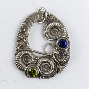 lot 136 image: Vintage Silver Brooch with Blue and Green Stones, Nautilus Design