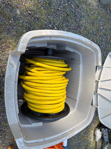 lot 44 image: Hose Hideaway Reel with Yellow Hose - Outdoor Garden Storage