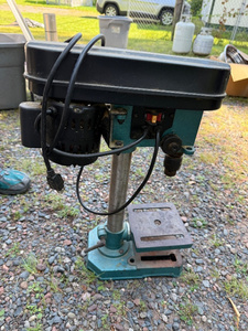lot 49 image: Vintage Benchtop Drill Press with Motor and Adjustable Base