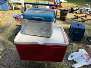 lot 68 image: Vintage Coleman & Rubbermaid Cooler Set - Red & Blue Camping Gear